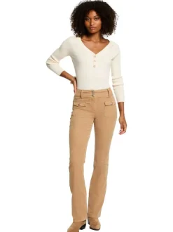 Pantalon beige coupe bootcut en coton pourvu de boutons dorés