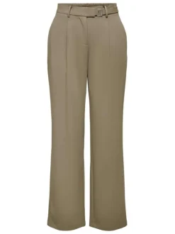 Pantalon beige uni avec des passants pour ceinture et une coupe droite