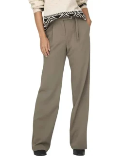 Pantalon beige uni avec des passants pour ceinture et une coupe droite