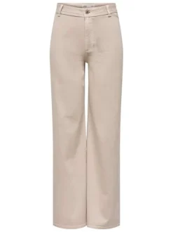 Pantalon beige uni avec une coupe flare avec un zip et un bouton