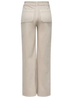 Pantalon beige uni avec une coupe flare avec un zip et un bouton