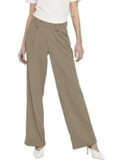 Pantalon beige uni à coupe bootcut avec une taille élastiquée et des passants