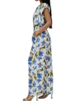 Pantalon blanc à fleurs bleues avec une coupe large et fluide et à taille haute