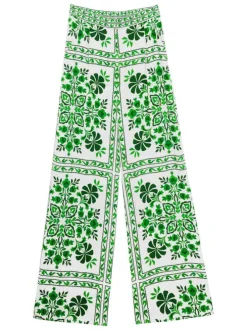 Pantalon blanc à motifs verts avec une coupe droite fluide et une taille haute