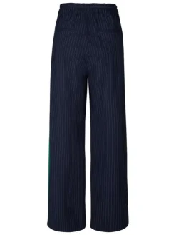 Pantalon bleu foncé à coupe droite orné d'un motif à rayures