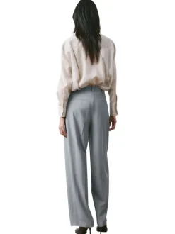 Pantalon bleu gris uni avec une coupe bootcut et une braguette zippée