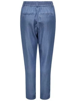 Pantalon bleu imitation denim uni avec une coupe carotte et un lacet à la taille