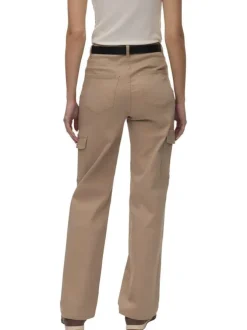 Pantalon cargo en coton beige uni avec une coupe bootcut et une taille haute