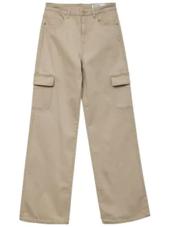 Pantalon cargo en coton beige uni avec une coupe bootcut et une taille haute