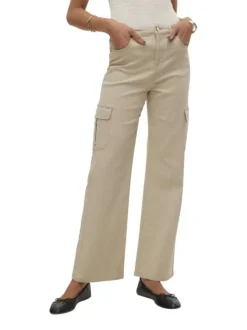 Pantalon cargo en coton écru uni avec une coupe droite large et une taille haute