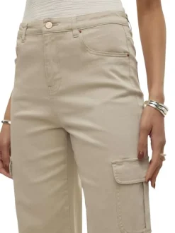 Pantalon cargo en coton écru uni avec une coupe droite large et une taille haute