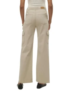 Pantalon cargo en coton écru uni avec une coupe droite large et une taille haute