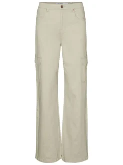 Pantalon cargo en coton écru uni avec une coupe droite large et une taille haute