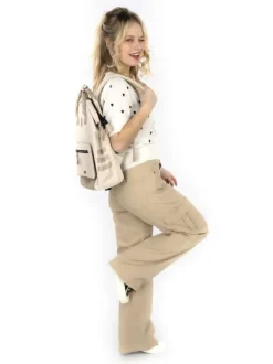 Pantalon cargo en coton écru uni à coupe droite et taille intermédiaire