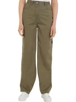 Pantalon cargo en coton kaki uni avec une coupe regular fit et une taille haute