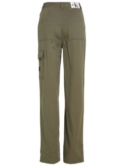 Pantalon cargo en coton kaki uni avec une coupe regular fit et une taille haute