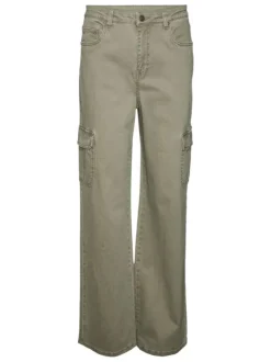 Pantalon cargo en coton kaki uni à coupe droite et taille intermédiaire
