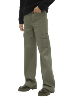 Pantalon cargo en coton kaki uni à coupe droite et taille intermédiaire