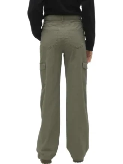 Pantalon cargo en coton kaki uni à coupe droite et taille intermédiaire