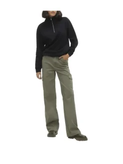 Pantalon cargo en coton kaki uni à coupe droite et taille intermédiaire