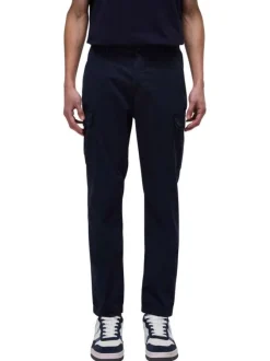 Pantalon cargo en coton marine uni avec des poches et une coupe droite