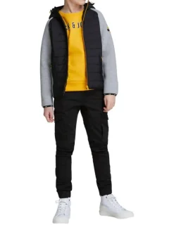 Pantalon Cargo en coton mélangé noir uni coupe slim et poches aux cuisses