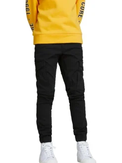 Pantalon Cargo en coton mélangé noir uni coupe slim et poches aux cuisses