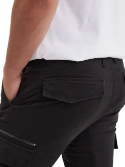 Pantalon Cargo en coton noir uni coupe slim pourvu de multiples poches