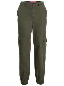 Pantalon cargo kaki uni coupe slim et resserré aux chevilles avec poches latérales