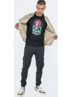 Pantalon Cargo noir uni à coupe ample et une fermeture zippée boutonnée