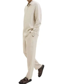 Pantalon chino beige en lin pourvu d'une taille élastiquée froncée