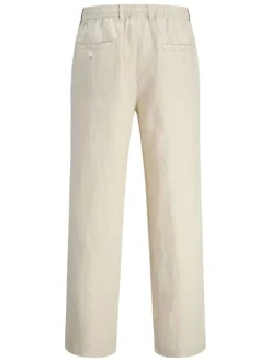 Pantalon chino beige en lin pourvu d'une taille élastiquée froncée