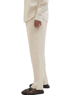 Pantalon chino beige en lin pourvu d'une taille élastiquée froncée