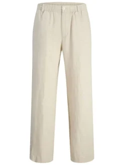 Pantalon chino beige en lin pourvu d'une taille élastiquée froncée