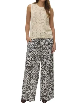 Pantalon Chino beige à taille élastiquée pourvu d'un motif abstrait