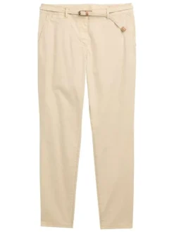 Pantalon Chino beige uni en coton mélangé avec une coupe slim et une ceinture