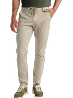Pantalon chino beige uni pourvu d'un lien à nouer à la taille
