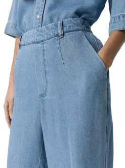 Pantalon chino bleu aspect denim à coupe large et longue et à taille élastiquée