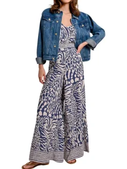 Pantalon chino bleu avec des imprimés une coupe bootcut et une taille élastiquée