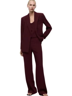 Pantalon chino bordeaux uni à coupe large et taille haute fermé par un zip