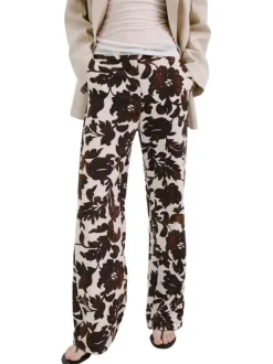 Pantalon chino chocolat à motifs pourvu d'une coupe droite et d'une taille haute