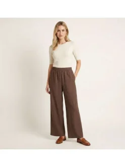 Pantalon chino chocolat uni pourvu d'une coupe large et d'une taille haute