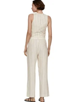 Pantalon chino écru en lin mélangé avec rayures grises et coupe droite
