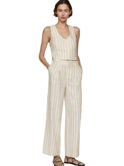 Pantalon chino écru en lin mélangé avec rayures grises et coupe droite