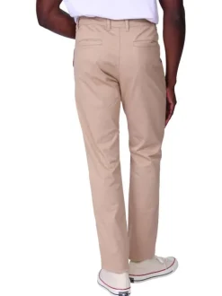 Pantalon chino en coton beige avec une coupe ajustée et une taille élastiquée