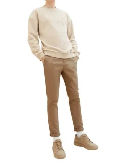 Pantalon Chino en coton beige uni avec une coupe slim et des poches arrières