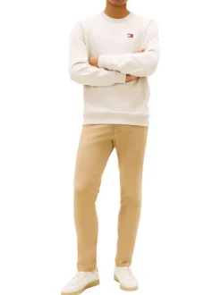 Pantalon Chino en coton beige uni avec une coupe slim à zip et à bouton