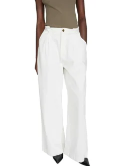 Pantalon chino en coton blanc uni à coupe large avec un bouton et un zip