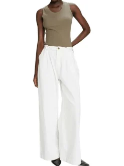 Pantalon chino en coton blanc uni à coupe large avec un bouton et un zip