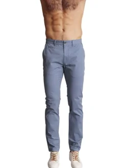 Pantalon chino en coton bleu gris uni à coupe slim fit avec des passants